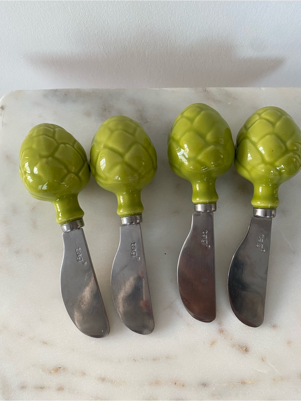 Green Artichoke Cheese Spreader Knives Set of 4 Stainless Steel Appetizer Knives